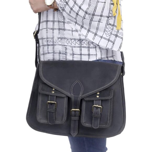 Women Charcoal Black Crossbody Satchel Ladies Tote Travel Leather Shoulder Bag - Picture 2 of 9